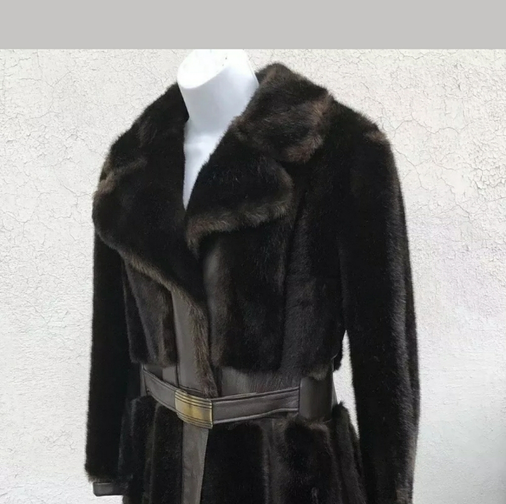 Vintage Faux Fur w/ Leather Panel Belted Coat